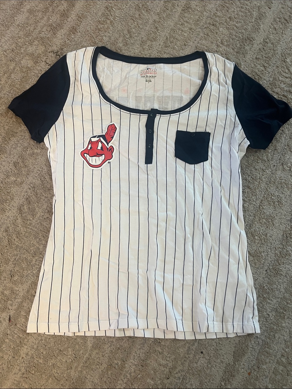 Cleveland Indians Chief Wahoo Rhinestone Cotton Striped Baseball Tee Medium